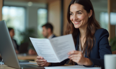 Femme souriante tenant une offre d emploi au bureau