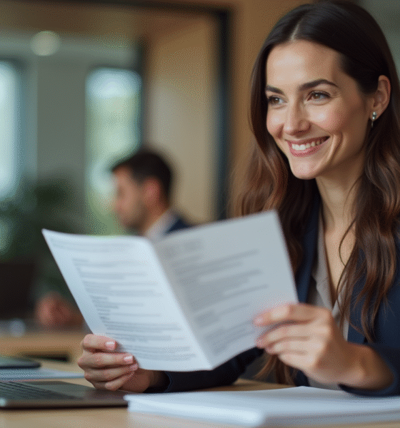 Femme souriante tenant une offre d emploi au bureau