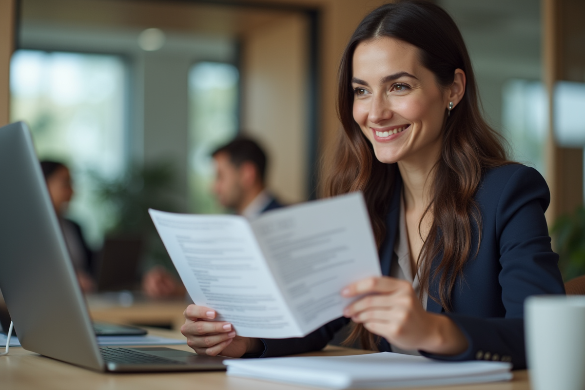 Femme souriante tenant une offre d emploi au bureau