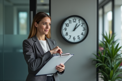 Femme professionnelle vérifiant sa montre près d'une horloge de bureau