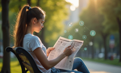 Jeune femme lisant un journal dans un parc avec notifications digitales