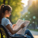 Jeune femme lisant un journal dans un parc avec notifications digitales