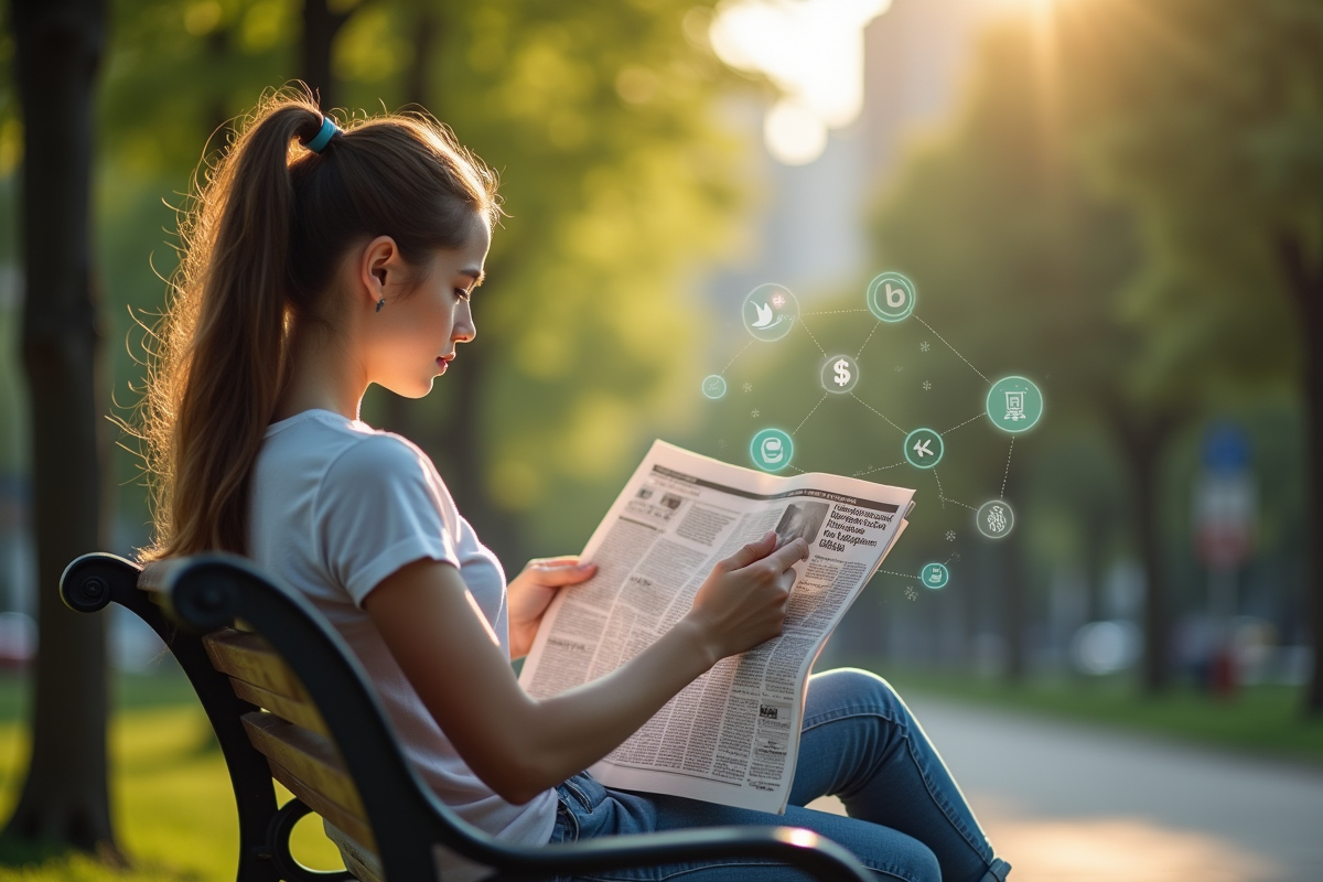 Jeune femme lisant un journal dans un parc avec notifications digitales
