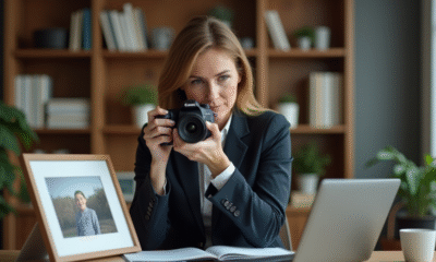 Femme d'âge moyen en costume professionnel prenant une photo
