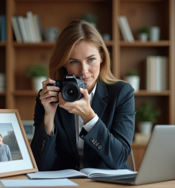 Femme d'âge moyen en costume professionnel prenant une photo