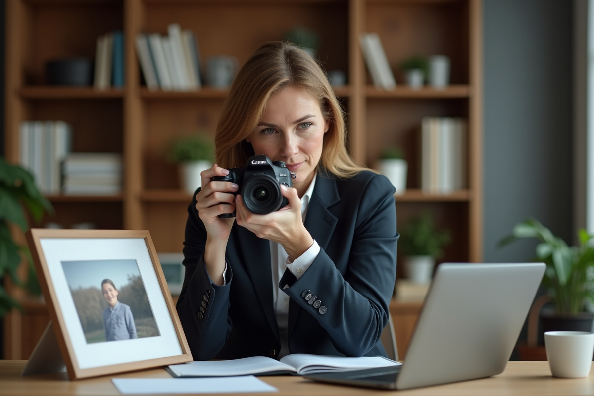 Femme d'âge moyen en costume professionnel prenant une photo