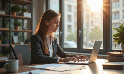 Femme professionnelle au bureau travaillant sur documents juridiques