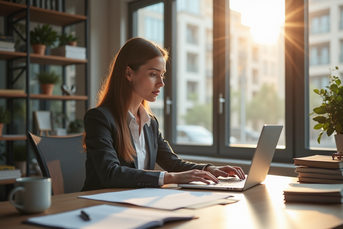 Femme professionnelle au bureau travaillant sur documents juridiques