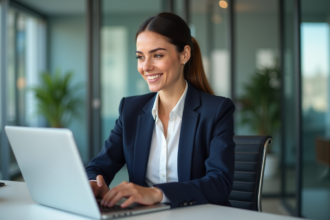 Femme professionnelle en visioconference dans un bureau moderne