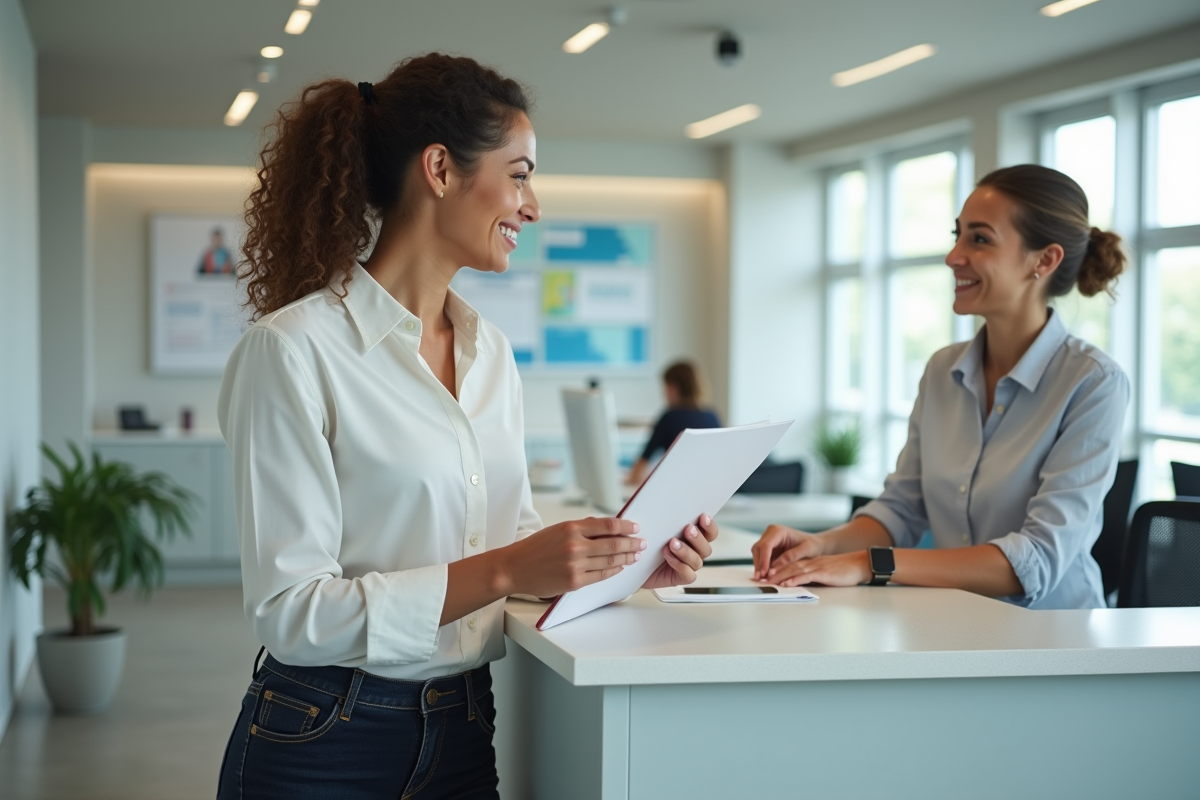 Femme remettant un dossier à la réception dans un bureau moderne