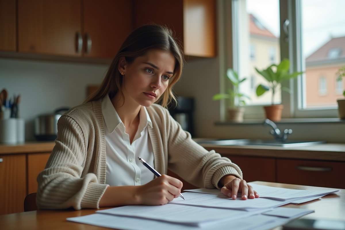 Femme remplissant des formulaires dans sa cuisine
