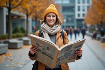 Femme souriante tenant un gros magazine en extérieur