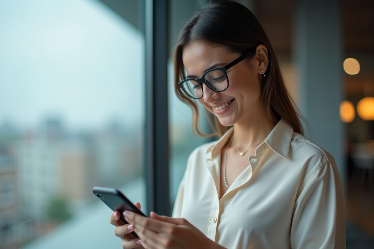 Femme souriante utilisant son smartphone dans un espace détente