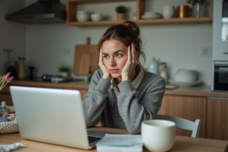 Femme stressée au bureau dans une cuisine désordonnée