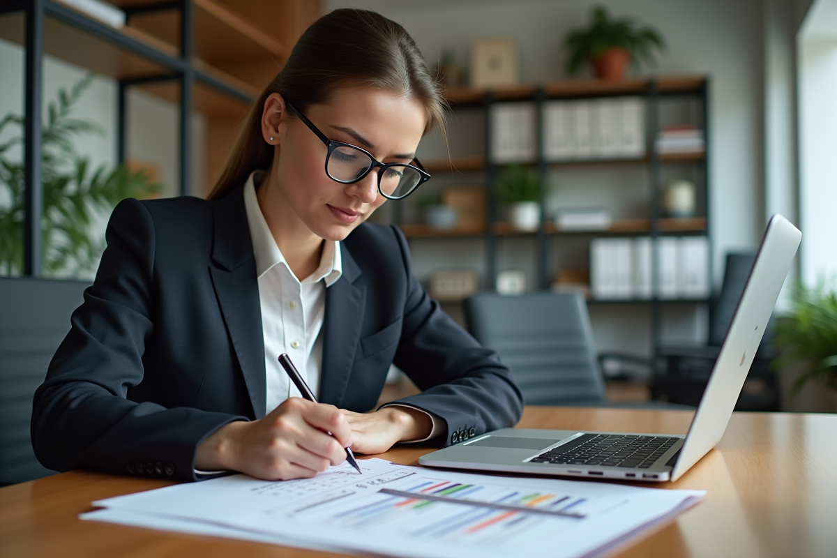 Femme professionnelle analysant un SWOT dans son bureau