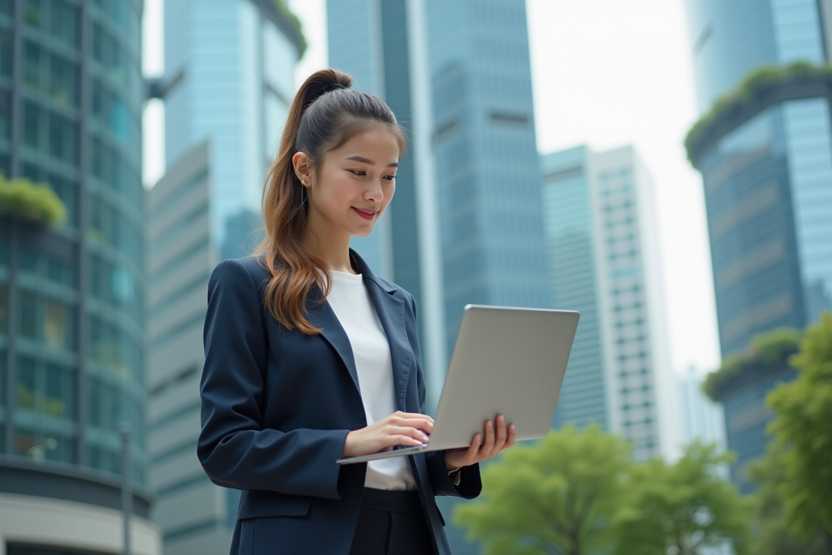 Jeune femme en ville utilisant un ordinateur portable