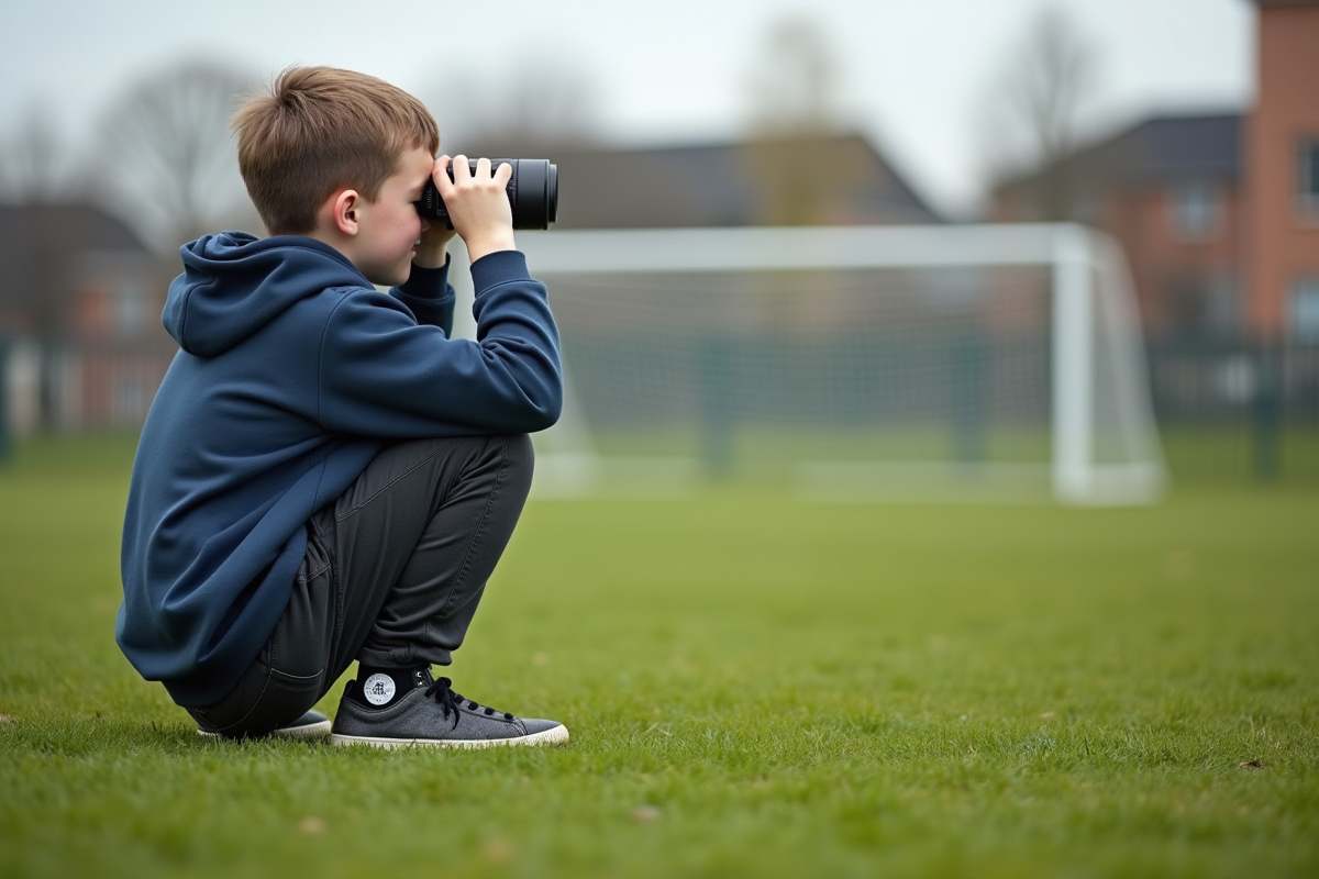 Adolescent en hoodie regardant au loin avec des jumelles