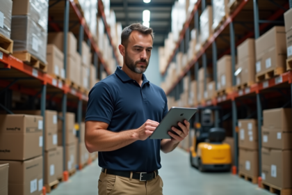 Manager logistique avec tablette dans un entrepôt
