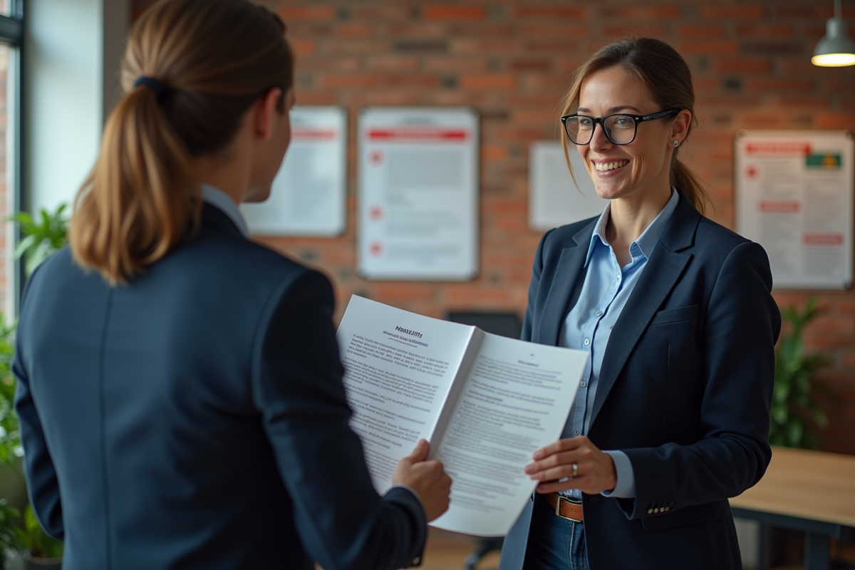Manager RH remettant un document à un employé dans un bureau