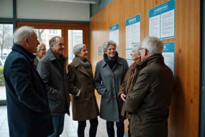 Groupe de personnes autour d'un tableau d'affichage dans un centre communautaire français
