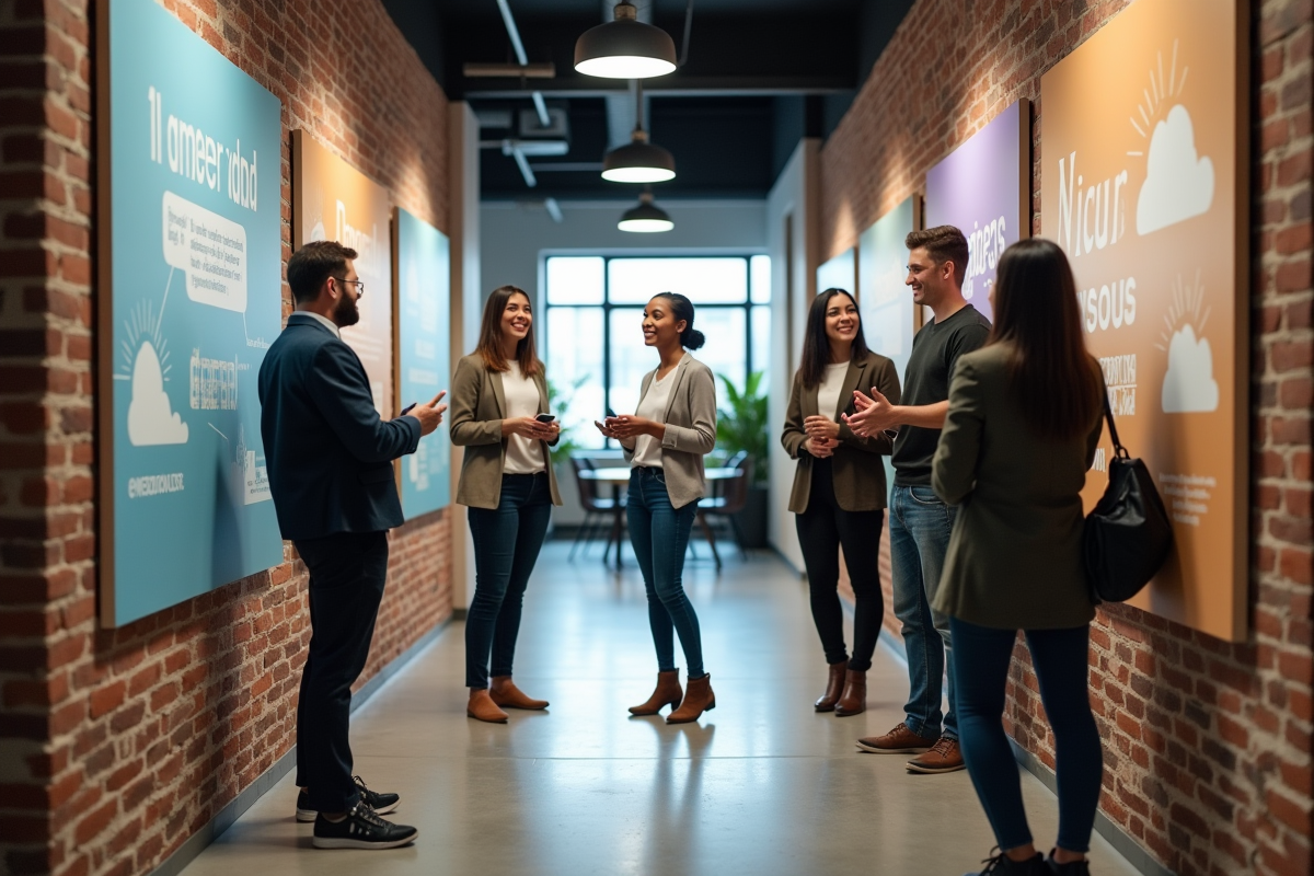 Groupe diversifié discutant près de posters dans un couloir