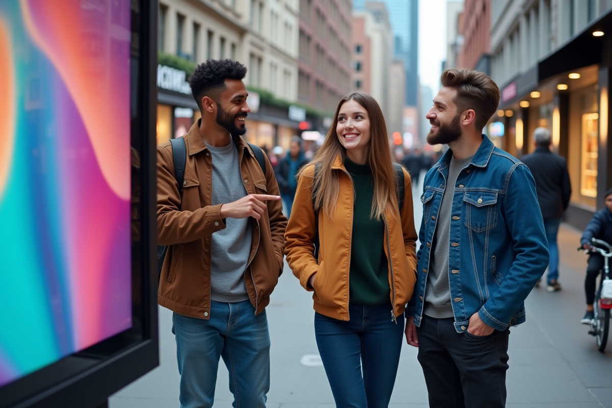 Groupe de jeunes discutant devant un panneau publicitaire urbain