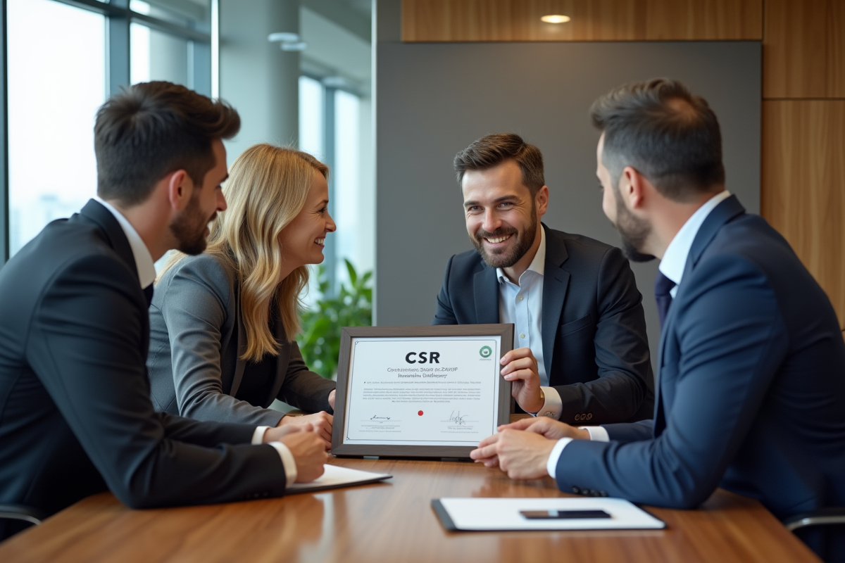 Groupe de professionnels célébrant un certificat CSR dans une salle de réunion