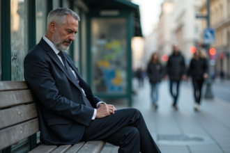 Homme d'affaires seul à un arrêt de bus urbain