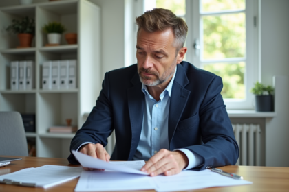 Homme d'affaires en bureau moderne lisant documents