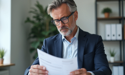 Homme d'affaires français lisant une circulaire dans son bureau