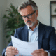 Homme d'affaires français lisant une circulaire dans son bureau