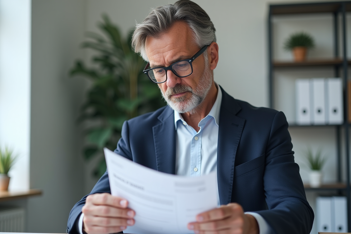 Homme d'affaires français lisant une circulaire dans son bureau
