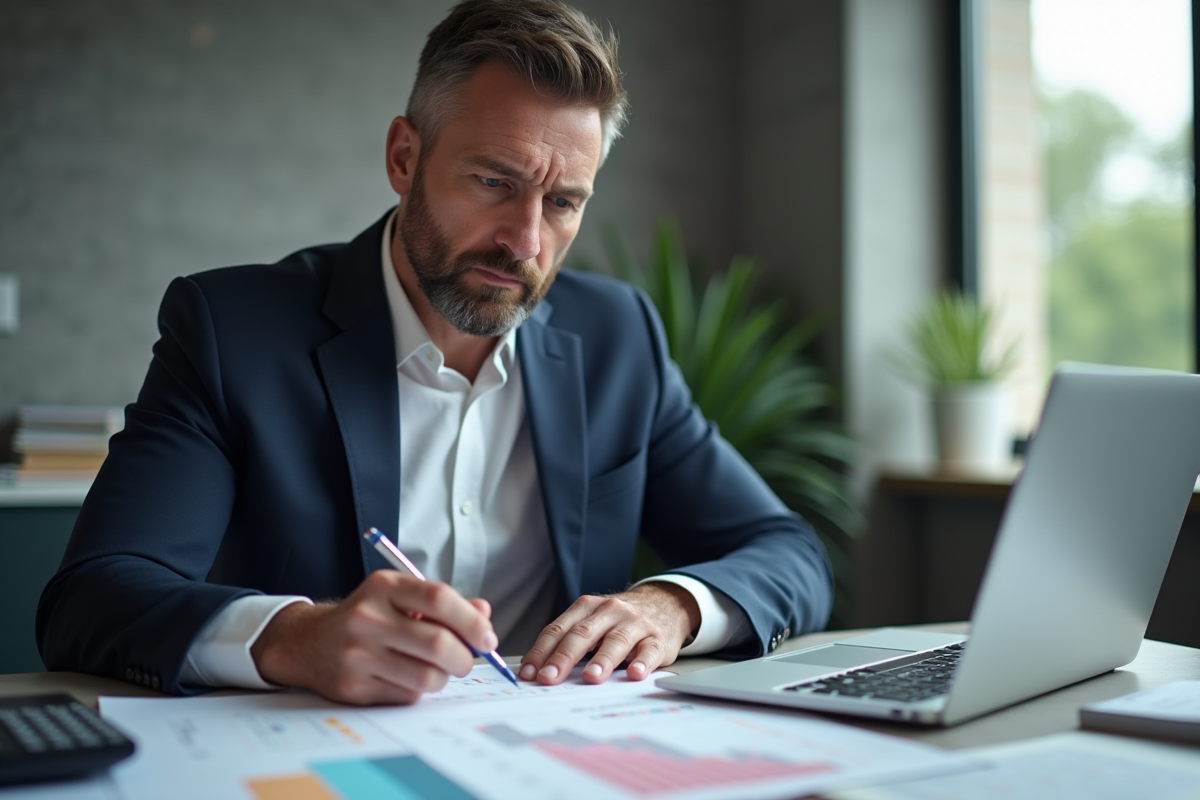 Homme concentré en costume dans un bureau moderne