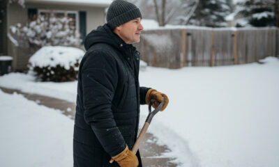 Homme en parka et bonnet shovellant la neige