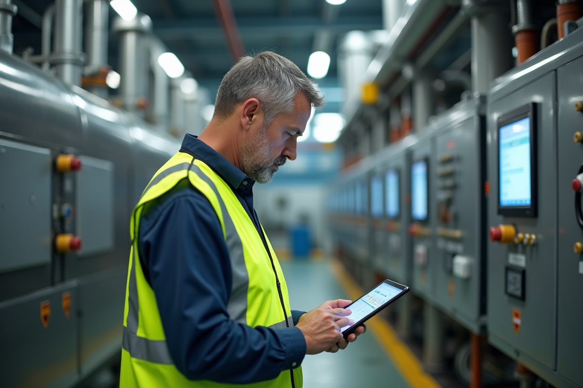 Homme inspectant gauges dans une usine d énergie propre