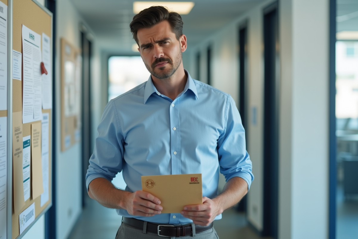Homme tenant une enveloppe confidentielle dans un couloir d entreprise