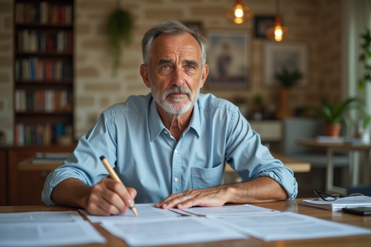 Homme israélien concentré à étudier des documents à la maison