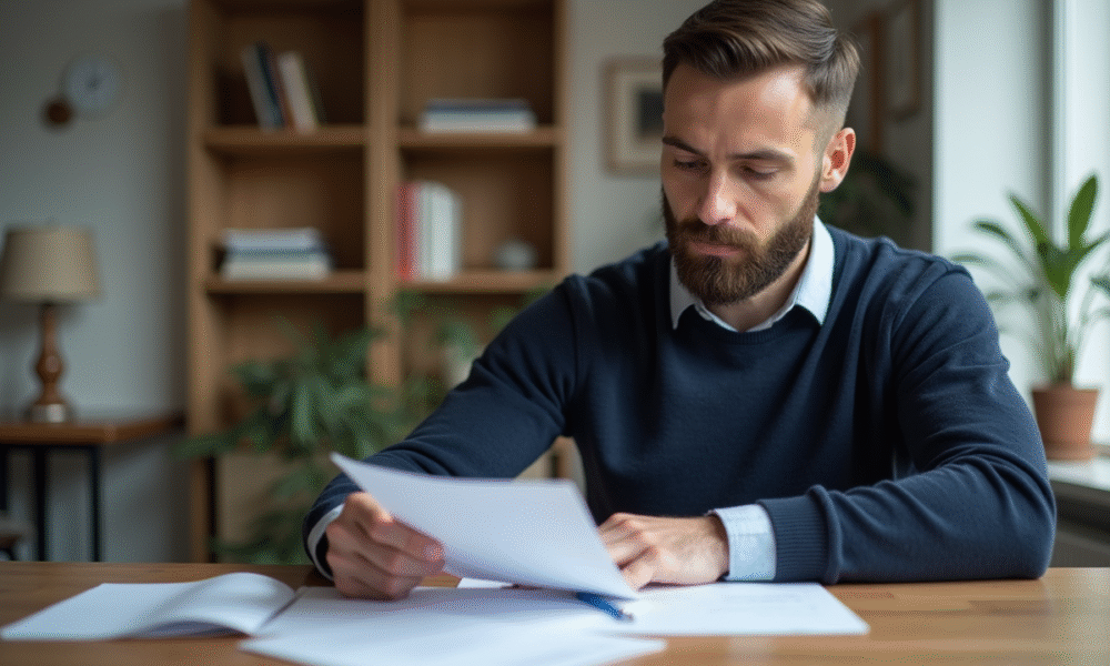 Homme lisant des papiers à la maison dans un intérieur organisé