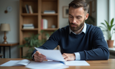 Homme lisant des papiers à la maison dans un intérieur organisé