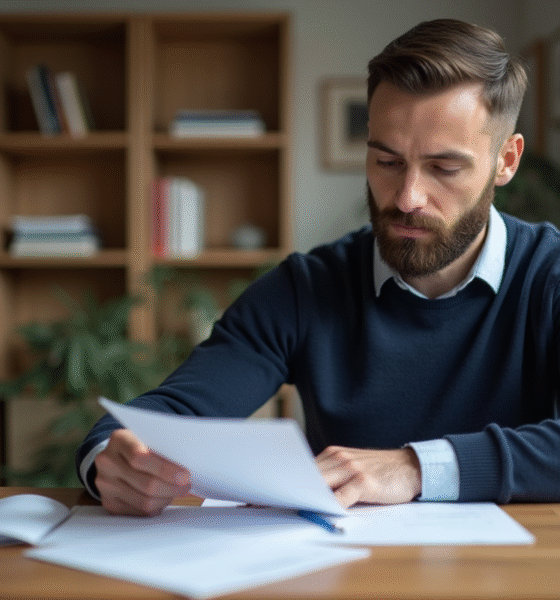 Homme lisant des papiers à la maison dans un intérieur organisé