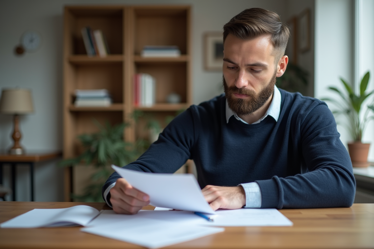 Homme lisant des papiers à la maison dans un intérieur organisé