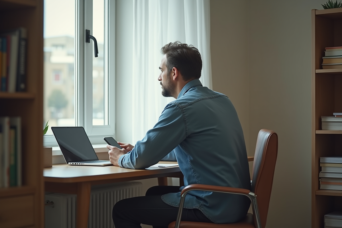 Homme pensif dans son espace de travail à la maison