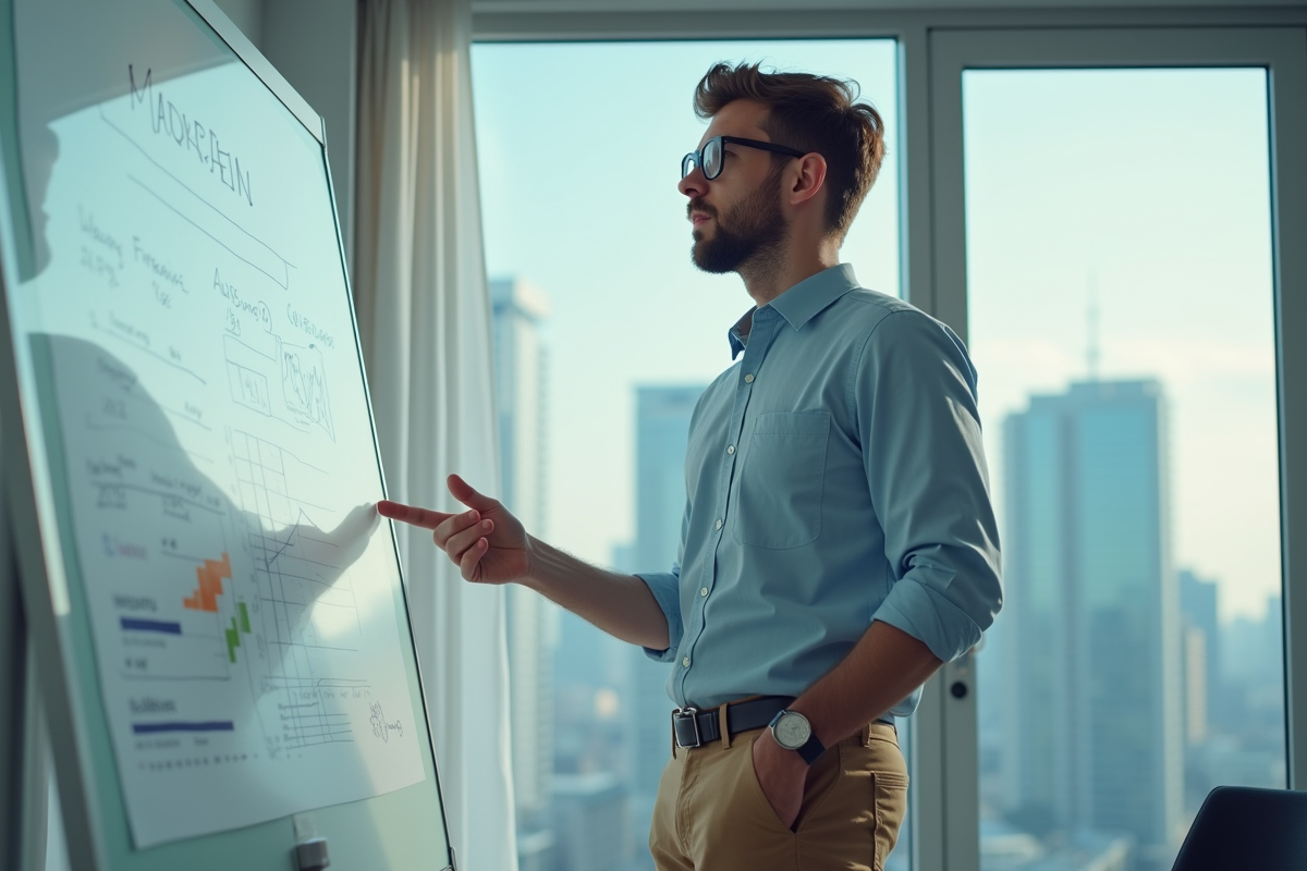 Homme en réunion expliquant des chiffres marketing