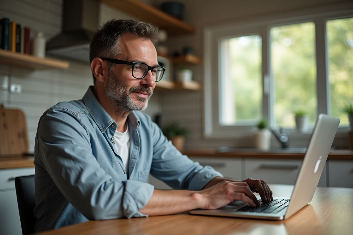 Homme d age moyen travaillant sur SEO dans une cuisine chaleureuse