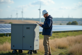 Ingénieur vérifiant une batterie solaire en extérieur