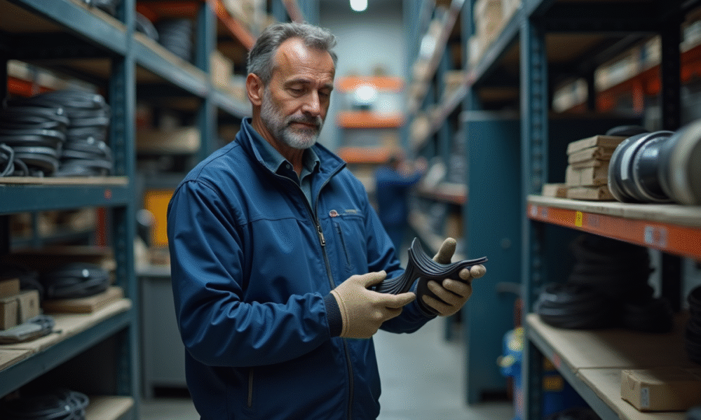 Ingénieur en atelier examinant un elastomère noir