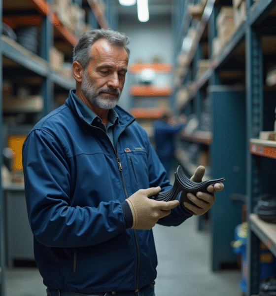 Ingénieur en atelier examinant un elastomère noir