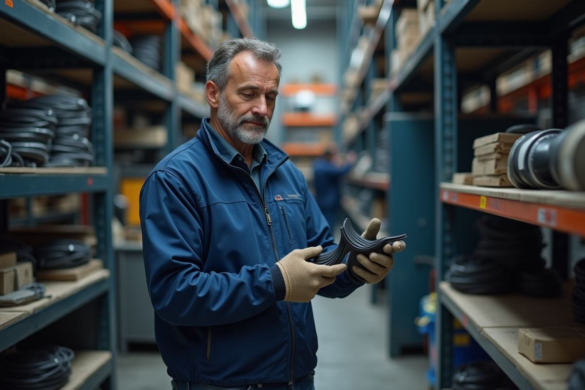 Ingénieur en atelier examinant un elastomère noir