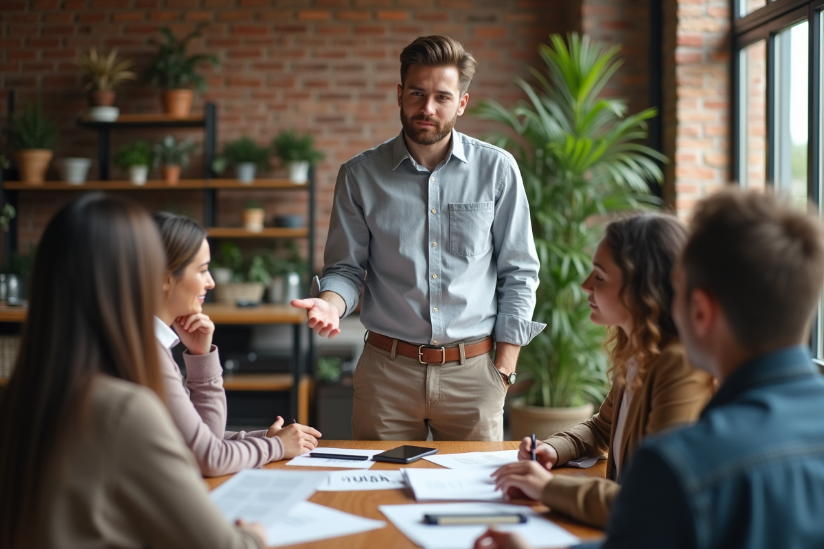 Jeune entrepreneur présentant des résultats à une équipe dans un espace de coworking