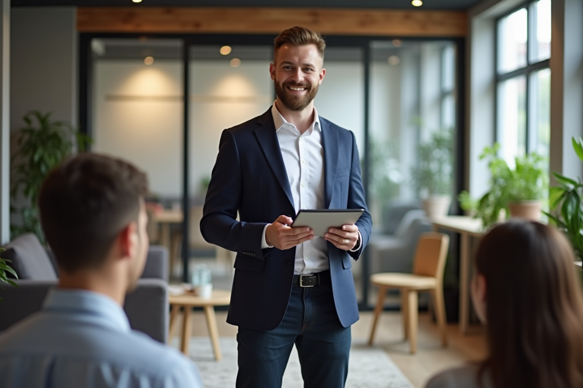 Jeune entrepreneur présentant une courbe de croissance en coworking